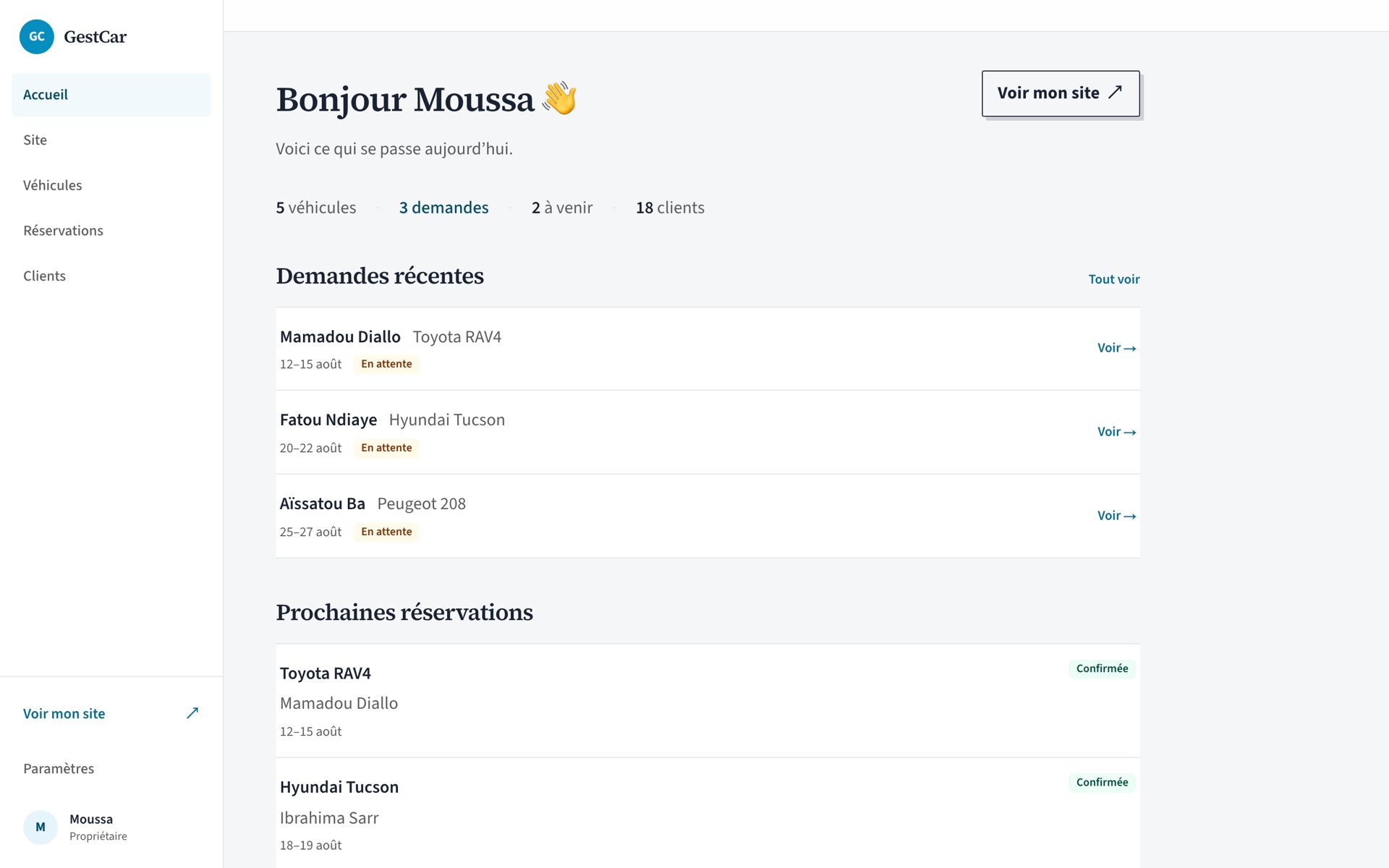 Tableau de bord KoraCar — demandes et réservations
