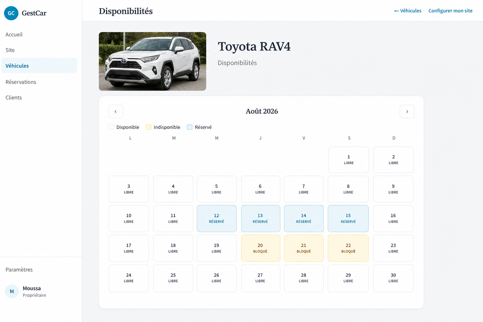 Calendrier de disponibilités d’un véhicule sur KoraCar