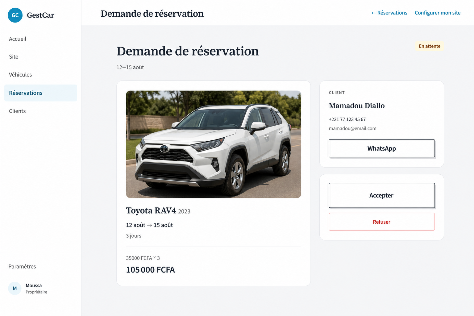 Demande de réservation avec le véhicule concerné sur KoraCar